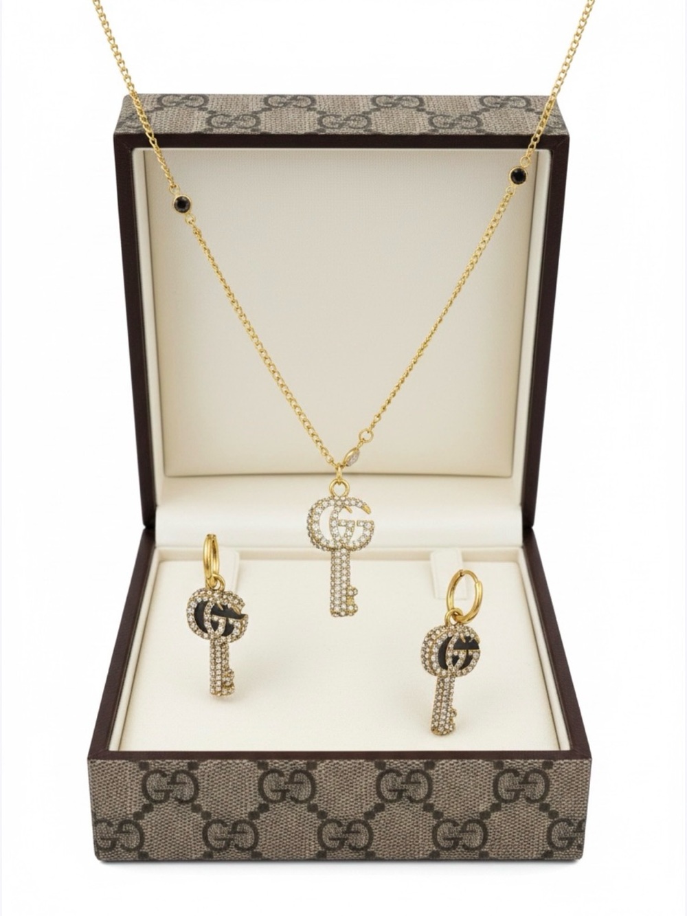 Gold and Black Crystal Key Necklace with Matching Key Charm Earrings